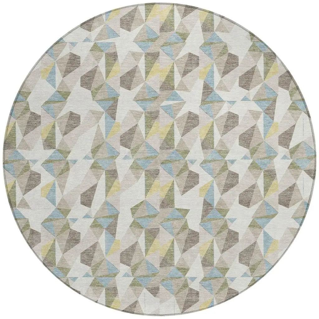 8' Ivory And Linen Round Geometric Washable Indoor Outdoor Area Rug Homeroots Outdoor